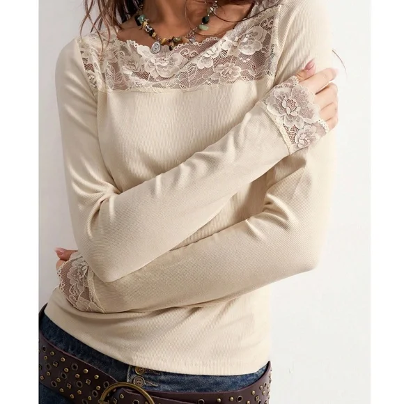 Boho Floral Lace Semi Sheer Long Sleeve Fitted Top - Picture 8 of 8